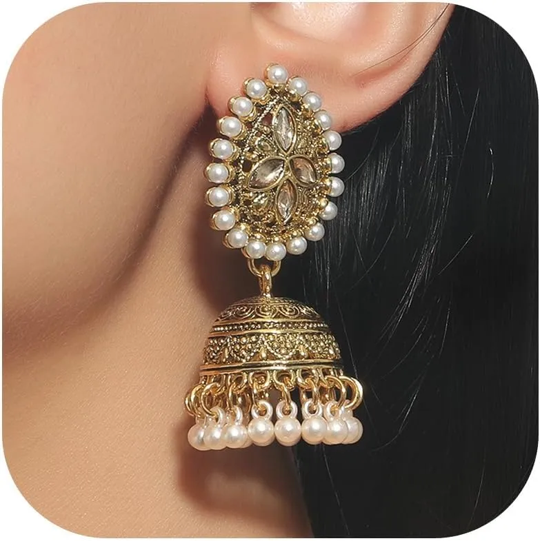 Indian Gold Jewelry Earrings for Women Jhumkas Chandelier Dangle Earring Bollywood Party Accessories Ethnic Gift Set Traditional Indian Earrings for Women Handmade Jhumka Jewelry Chandelier Dangle Ethnic Accessories