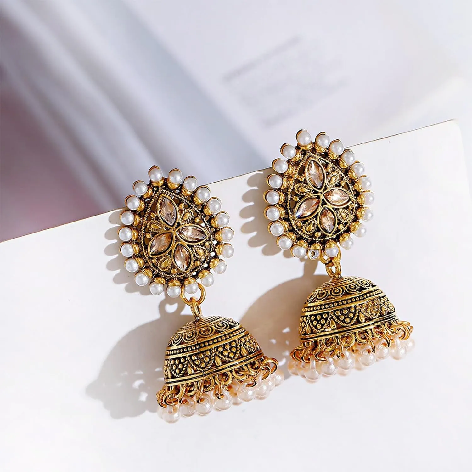 Indian Gold Jewelry Earrings for Women Jhumkas Chandelier Dangle Earring Bollywood Party Accessories Ethnic Gift Set Traditional Indian Earrings for Women Handmade Jhumka Jewelry Chandelier Dangle Ethnic Accessories