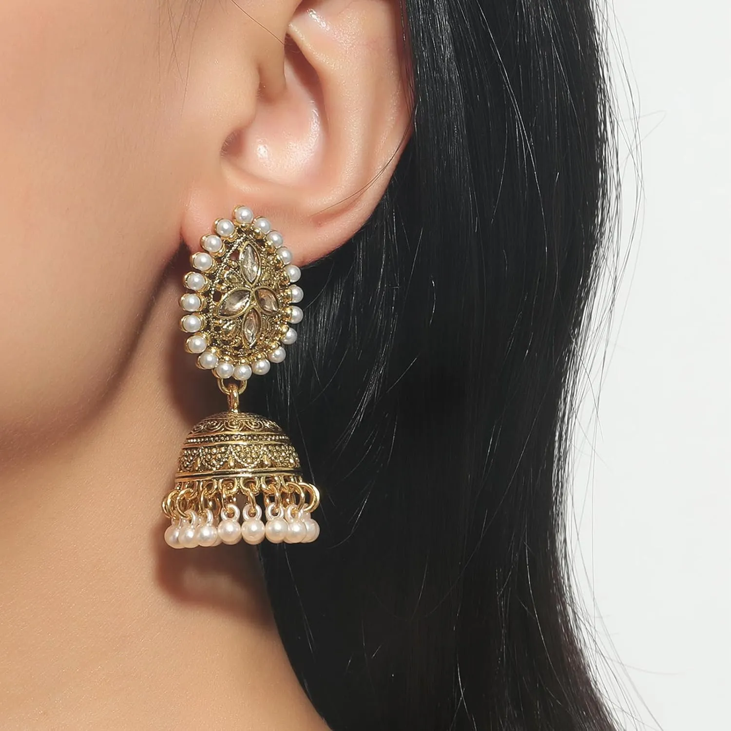 Indian Gold Jewelry Earrings for Women Jhumkas Chandelier Dangle Earring Bollywood Party Accessories Ethnic Gift Set Traditional Indian Earrings for Women Handmade Jhumka Jewelry Chandelier Dangle Ethnic Accessories