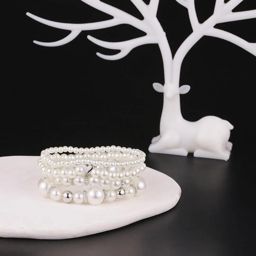 INENIMARTJ Pearl Bracelets for Women Multilayered Elastic Pearls Bracelets White Pearls Stackable Stretch Bracelet Set Simulated Pearl Beaded Bracelet for Women Bridesmaid Bridal Jewelry