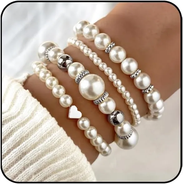 INENIMARTJ Pearl Bracelets for Women Multilayered Elastic Pearls Bracelets White Pearls Stackable Stretch Bracelet Set Simulated Pearl Beaded Bracelet for Women Bridesmaid Bridal Jewelry