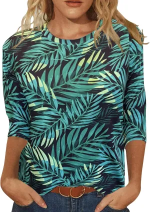 JomeDesign Womens Tops 3/4 Sleeve Shirts Round Neck Loose Casual Blouses Floral Print Tshirts
