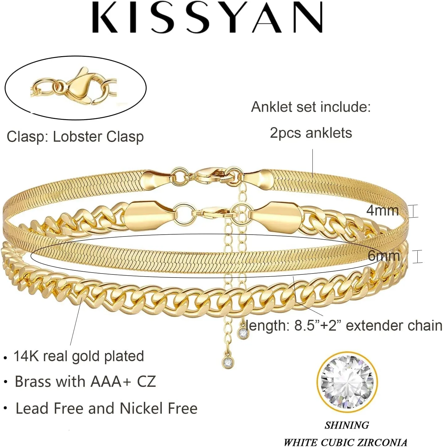 KissYan Gold Layered Ankle Bracelets for Women, Dainty 14k Gold Plated Layering Anklets Set Adjustable Fashion Cuban Link Snake Tennis Chain Ankles Summer Beach Foot Jewelry