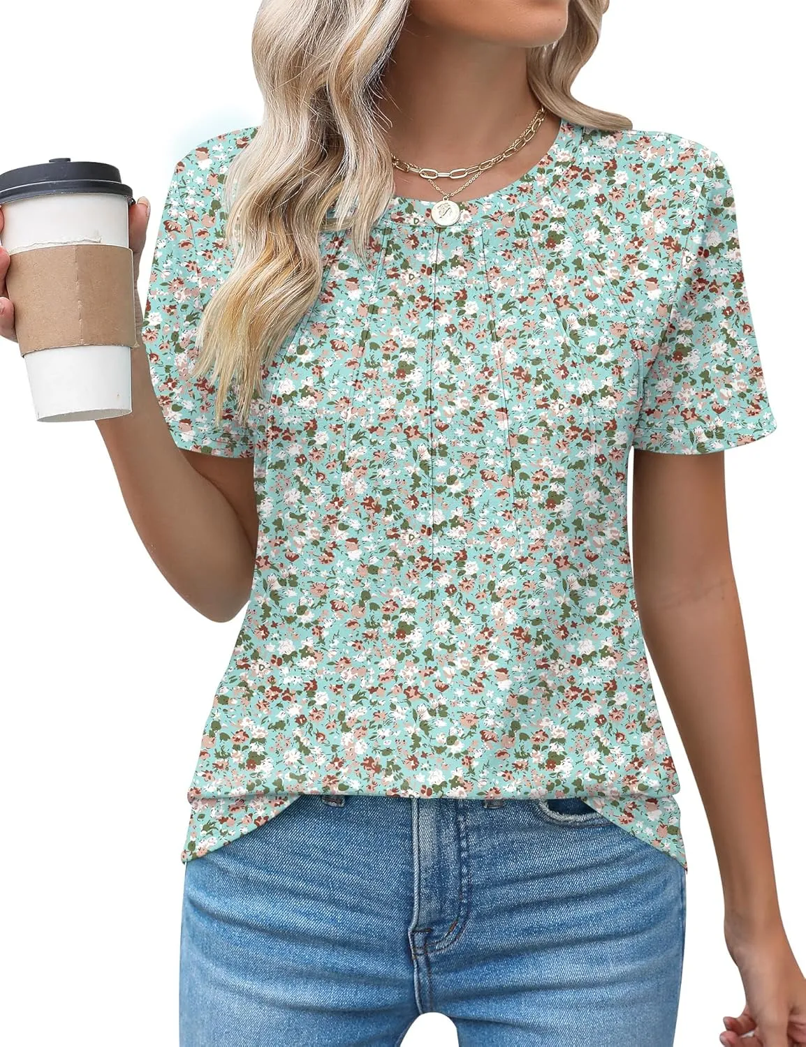 Kistore Womens Casual Crew Neck Short Sleeve Pleated Tops Blouses Fashion Clothes 2025