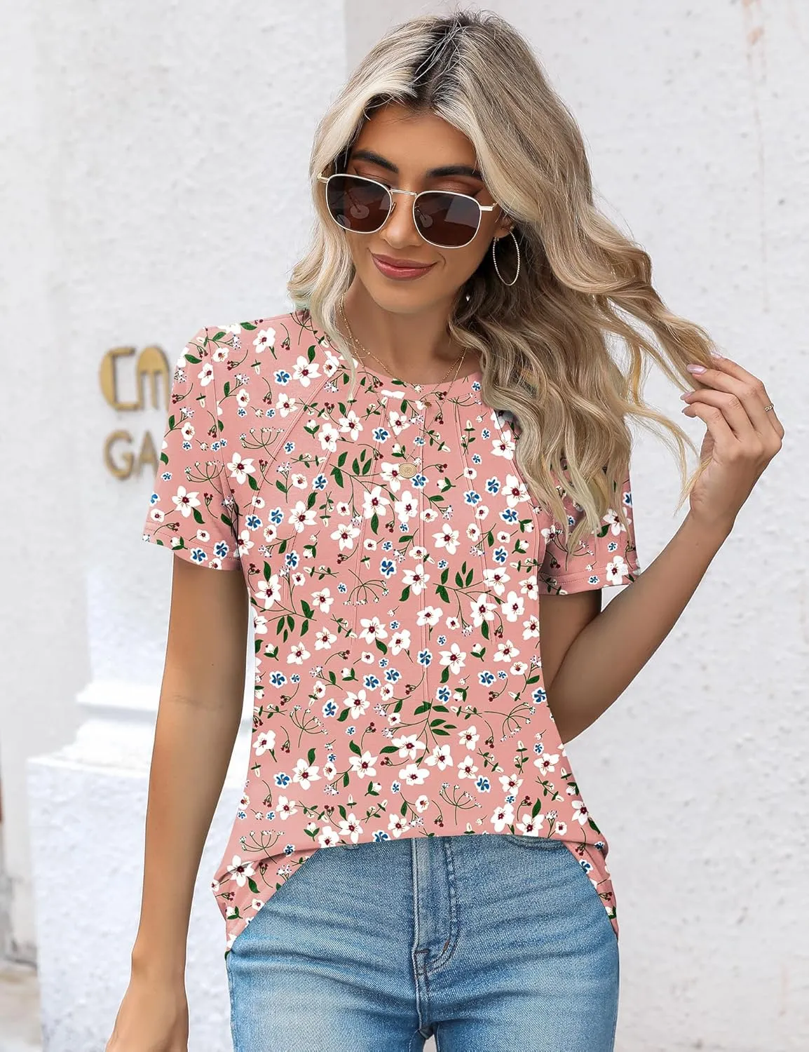 Kistore Womens Casual Crew Neck Short Sleeve Pleated Tops Blouses Fashion Clothes 2025