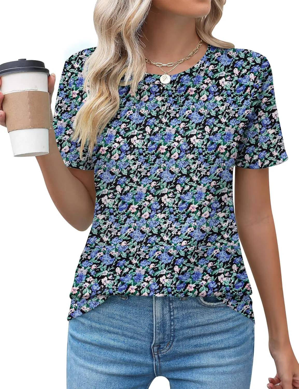Kistore Womens Casual Crew Neck Short Sleeve Pleated Tops Blouses Fashion Clothes 2025