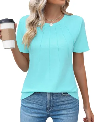 Kistore Womens Casual Crew Neck Short Sleeve Pleated Tops Blouses Fashion Clothes 2025