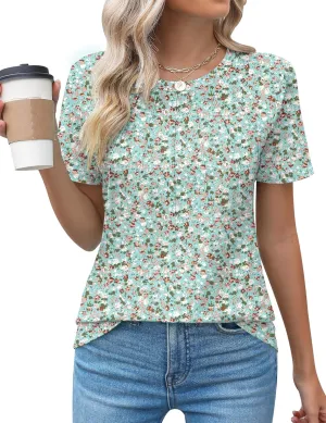 Kistore Womens Casual Crew Neck Short Sleeve Pleated Tops Blouses Fashion Clothes 2025