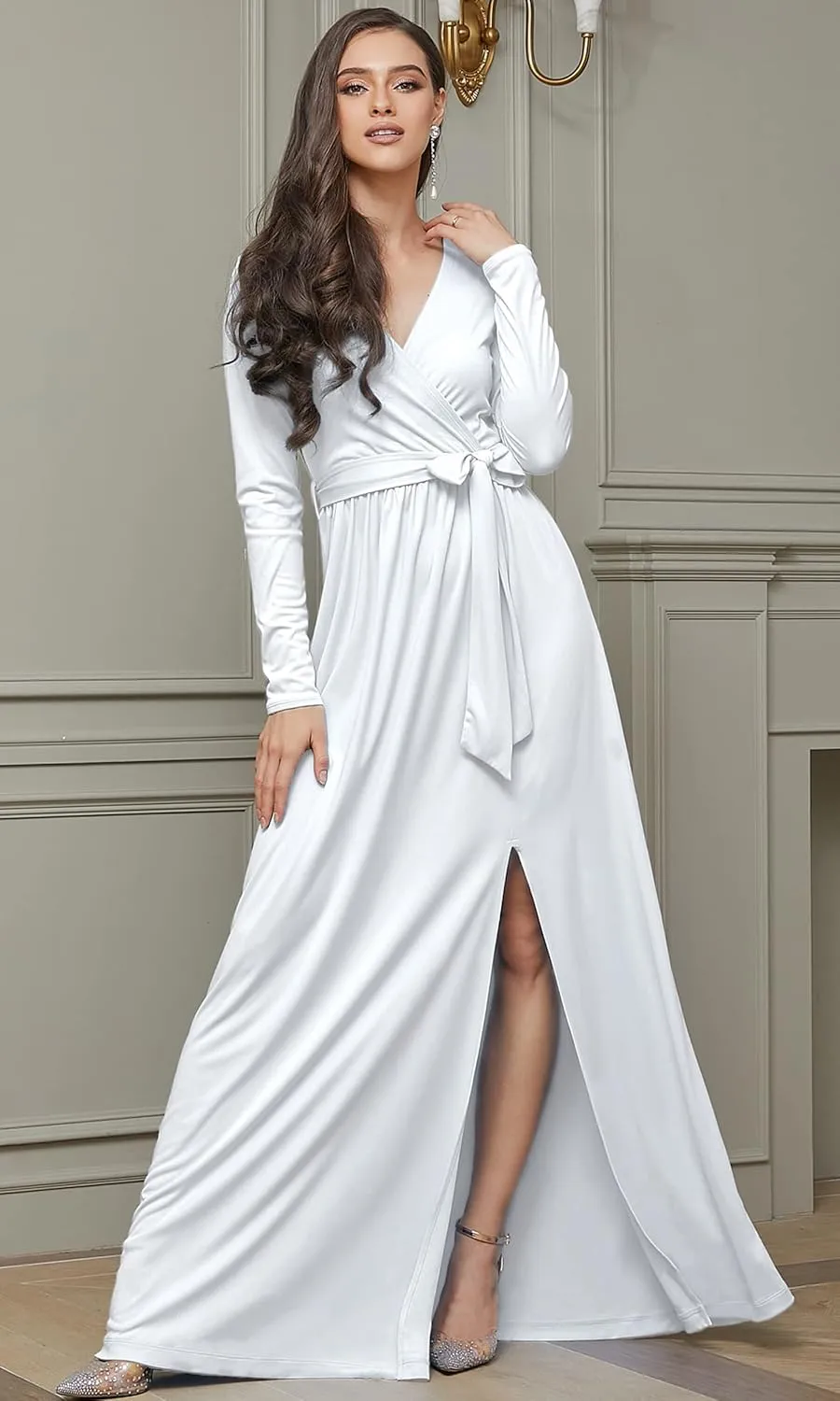 KOH KOH Womens Long Sleeve V-Neck High Slit Cocktail Evening Gown Maxi Dress