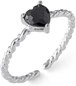 Kokoma Black Heart Crystal Ring for Women 925 Sterling Silver Endless Love Promise Engagement Ring Open Statement Rings Stacking Band Rings