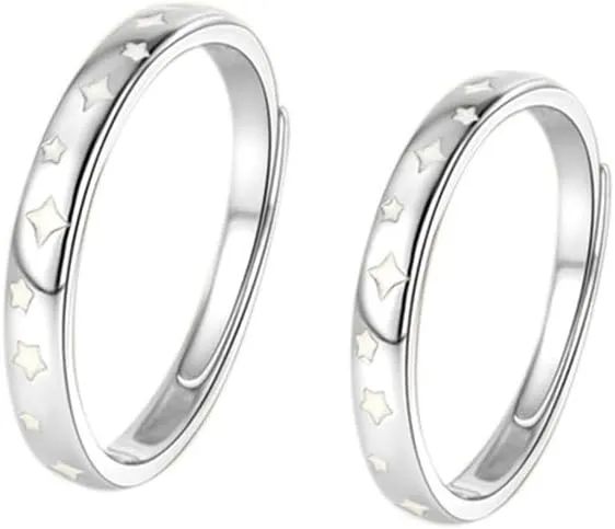 Kokoma Dainty Star Matching Ring for Him and Her Sterling Silver 999 Luminous Glow Pointed Star Wedding Couples Open Ring Adjustable Engagement Statement Bands Jewelry