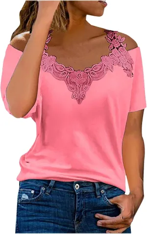 Lace Crochet v Neck Tops for Women Trendy 2024 Summer Short Sleeve Cold Shoulder Tunic Shirt Dressy Plus Size Blouses