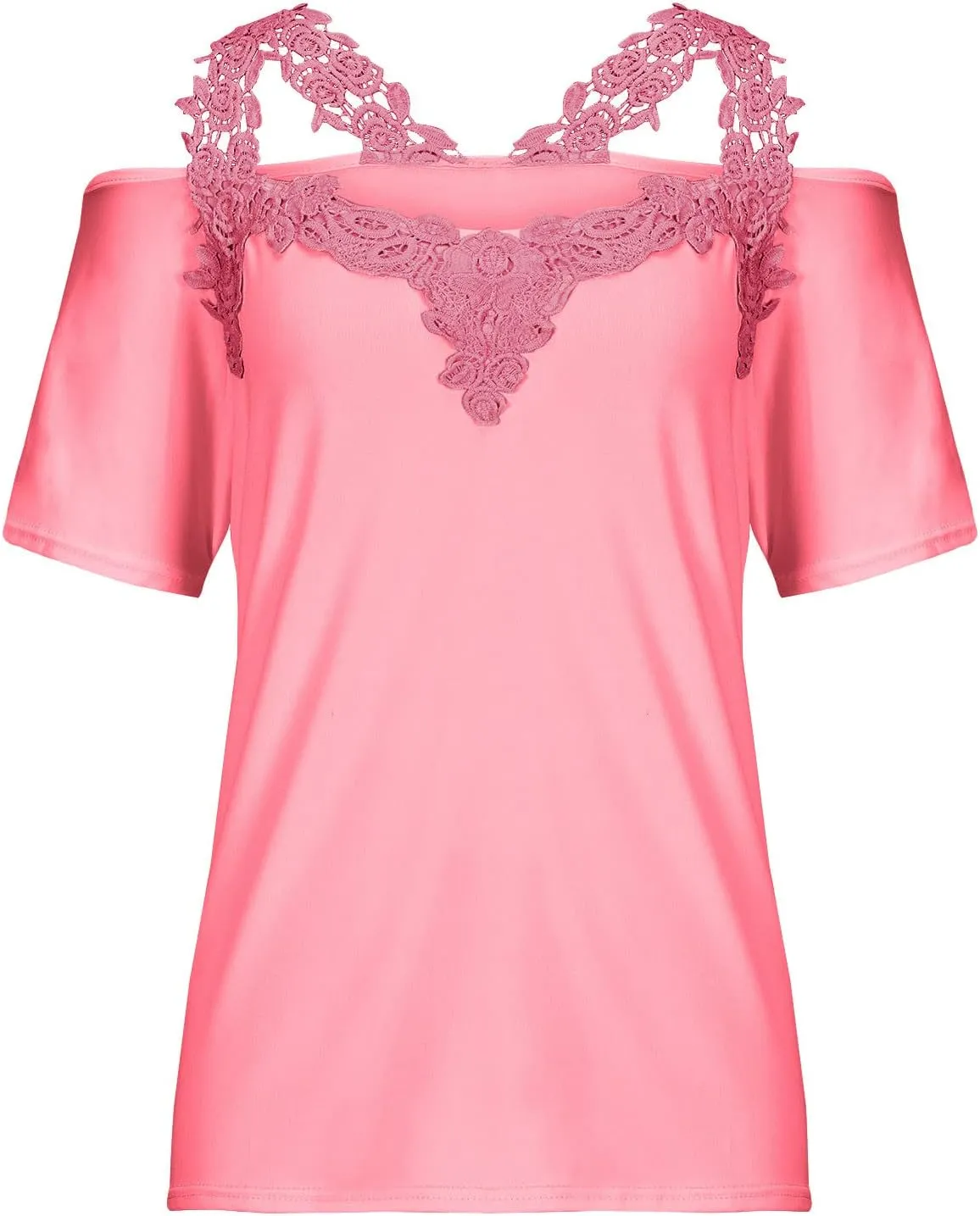 Lace Crochet v Neck Tops for Women Trendy 2024 Summer Short Sleeve Cold Shoulder Tunic Shirt Dressy Plus Size Blouses