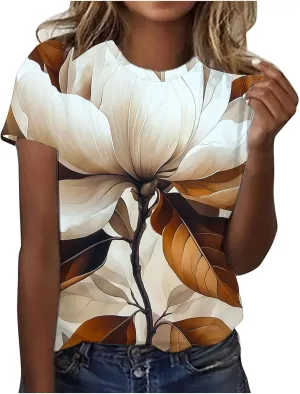 Ladies' Floral Printed Crewneck T-Shirt - 2025 Summer Boho Top with Short Sleeves & Casual Style