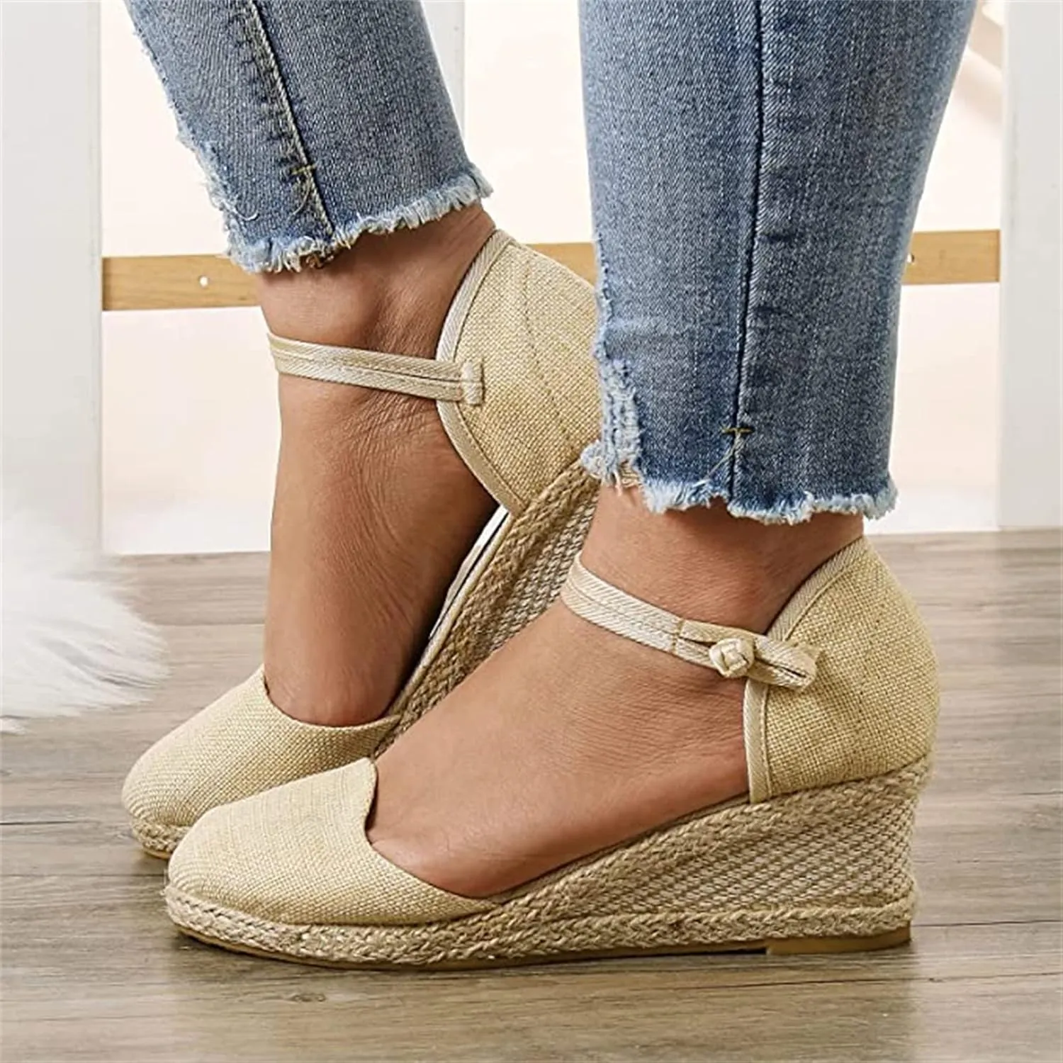 Ladmiple Espadrille Wedge Sandals For Women Low Heel Closed Toe Platform Sandals Ankle Strap Casual Dressy Summer Shoes