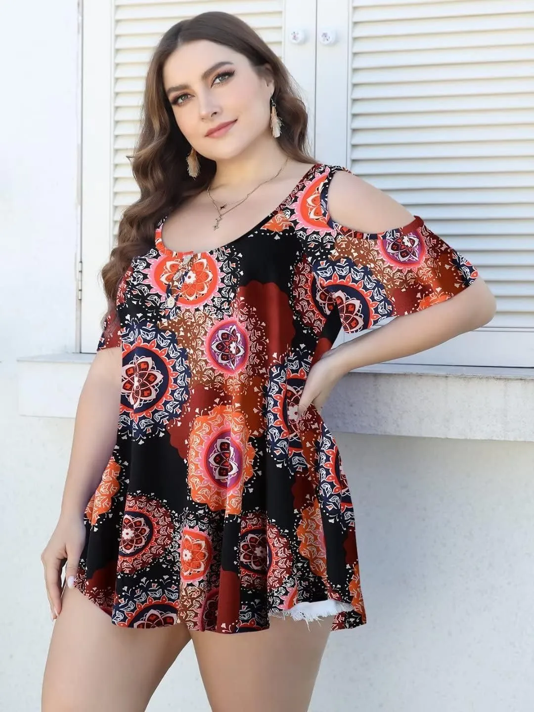 LARACE Cold Shoulder Tops for Women Plus Size V Neck T Shirts Short Sleeve Summer Clothes Button Up Tunic
