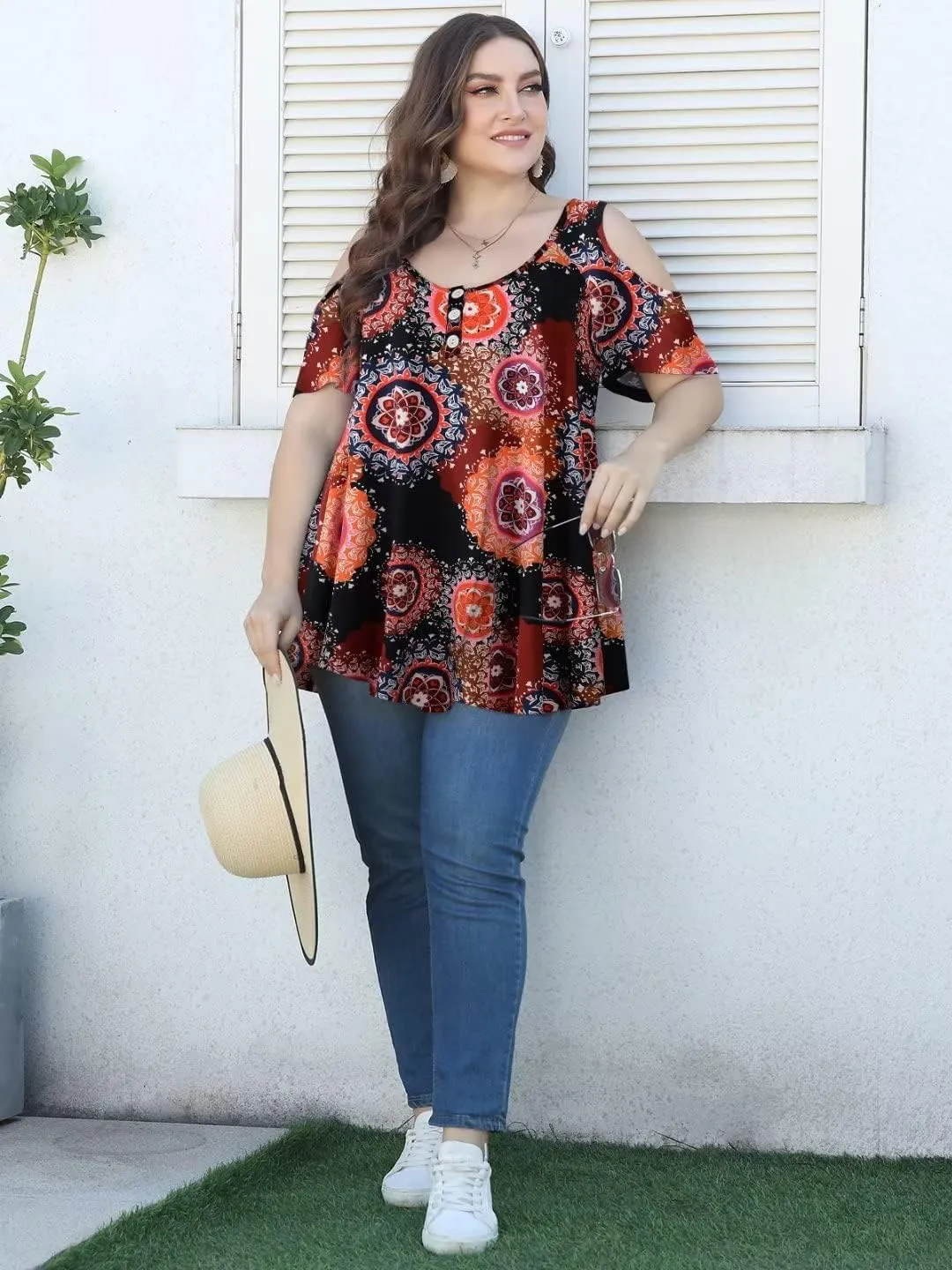 LARACE Cold Shoulder Tops for Women Plus Size V Neck T Shirts Short Sleeve Summer Clothes Button Up Tunic