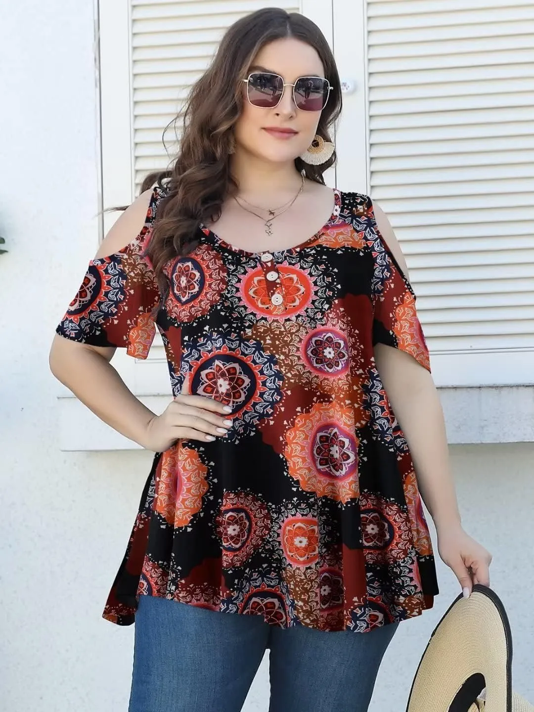 LARACE Cold Shoulder Tops for Women Plus Size V Neck T Shirts Short Sleeve Summer Clothes Button Up Tunic