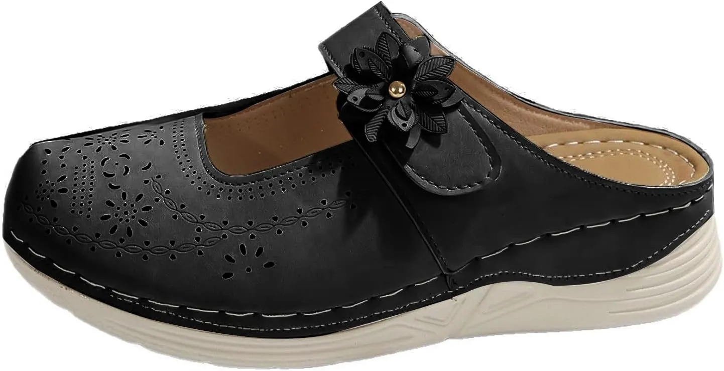 Leather Mary Jane Clogs for Women Slip On Casual Comfortable Mules Shoes with Arch Support Closed Toe Sandals Wedge Low Heel Sandal Round Head Soft Mules Cutout Slip-On Loafers Slides Backless