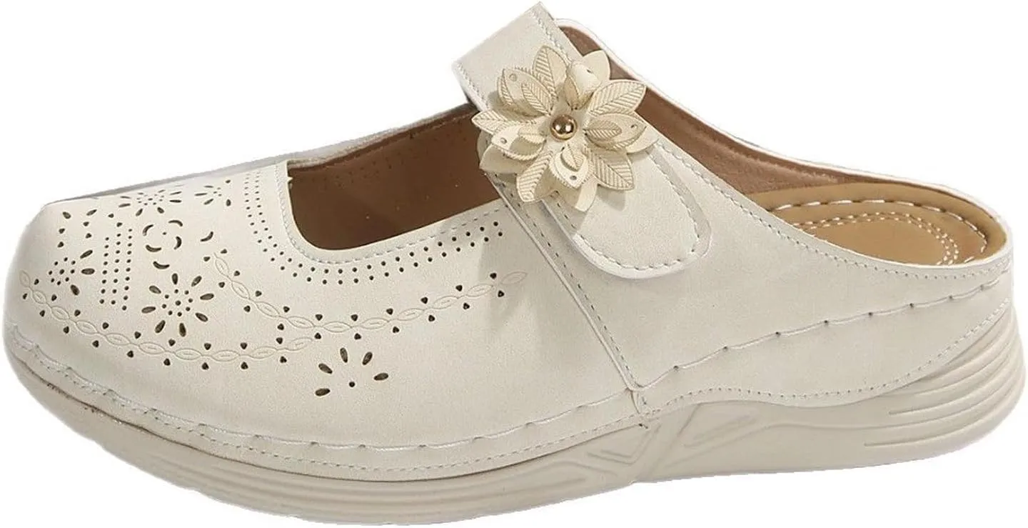 Leather Mary Jane Clogs for Women Slip On Casual Comfortable Mules Shoes with Arch Support Closed Toe Sandals Wedge Low Heel Sandal Round Head Soft Mules Cutout Slip-On Loafers Slides Backless