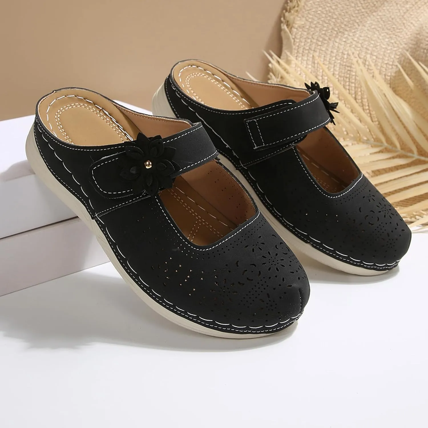 Leather Mary Jane Clogs for Women Slip On Casual Comfortable Mules Shoes with Arch Support Closed Toe Sandals Wedge Low Heel Sandal Round Head Soft Mules Cutout Slip-On Loafers Slides Backless