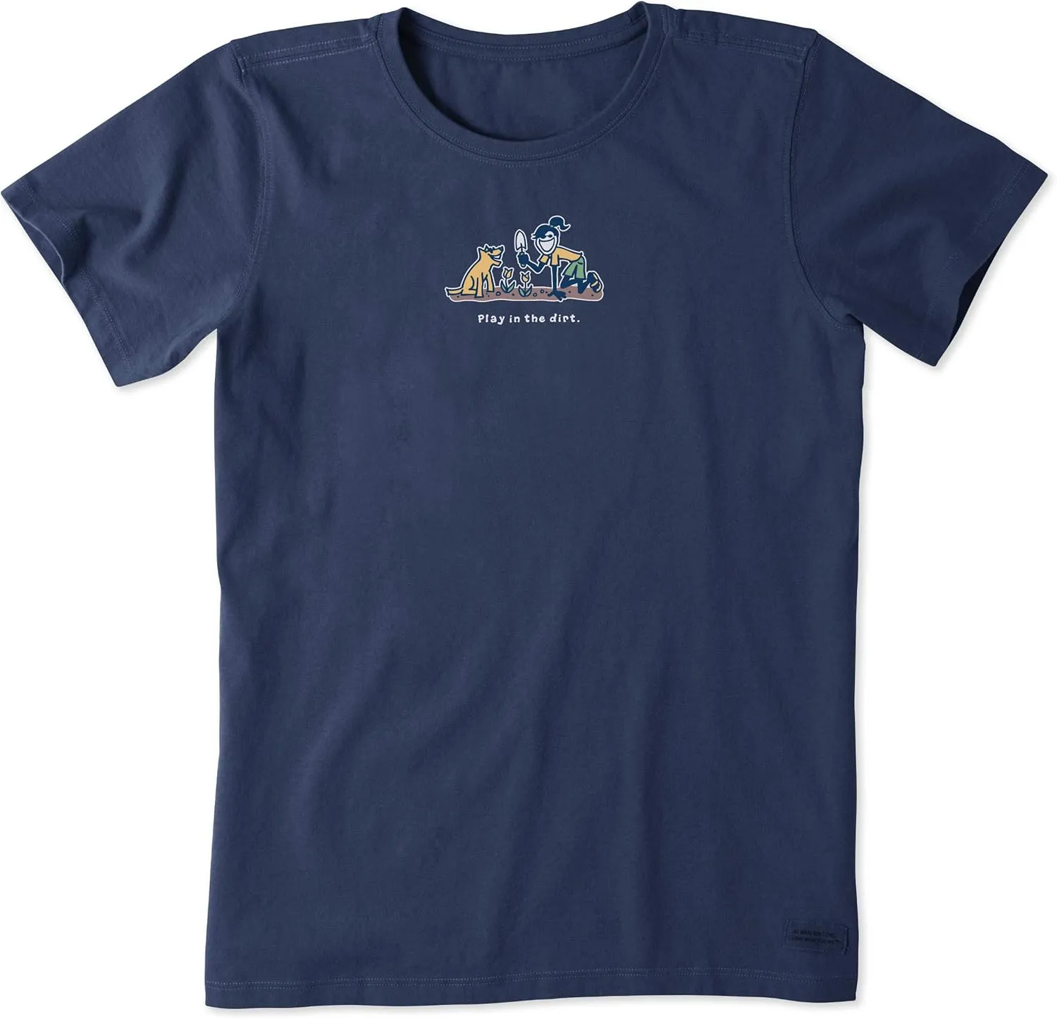 Life is Good. Womens Crusher Tee Jackie And Rocket Play Dirt, Darkest Blue