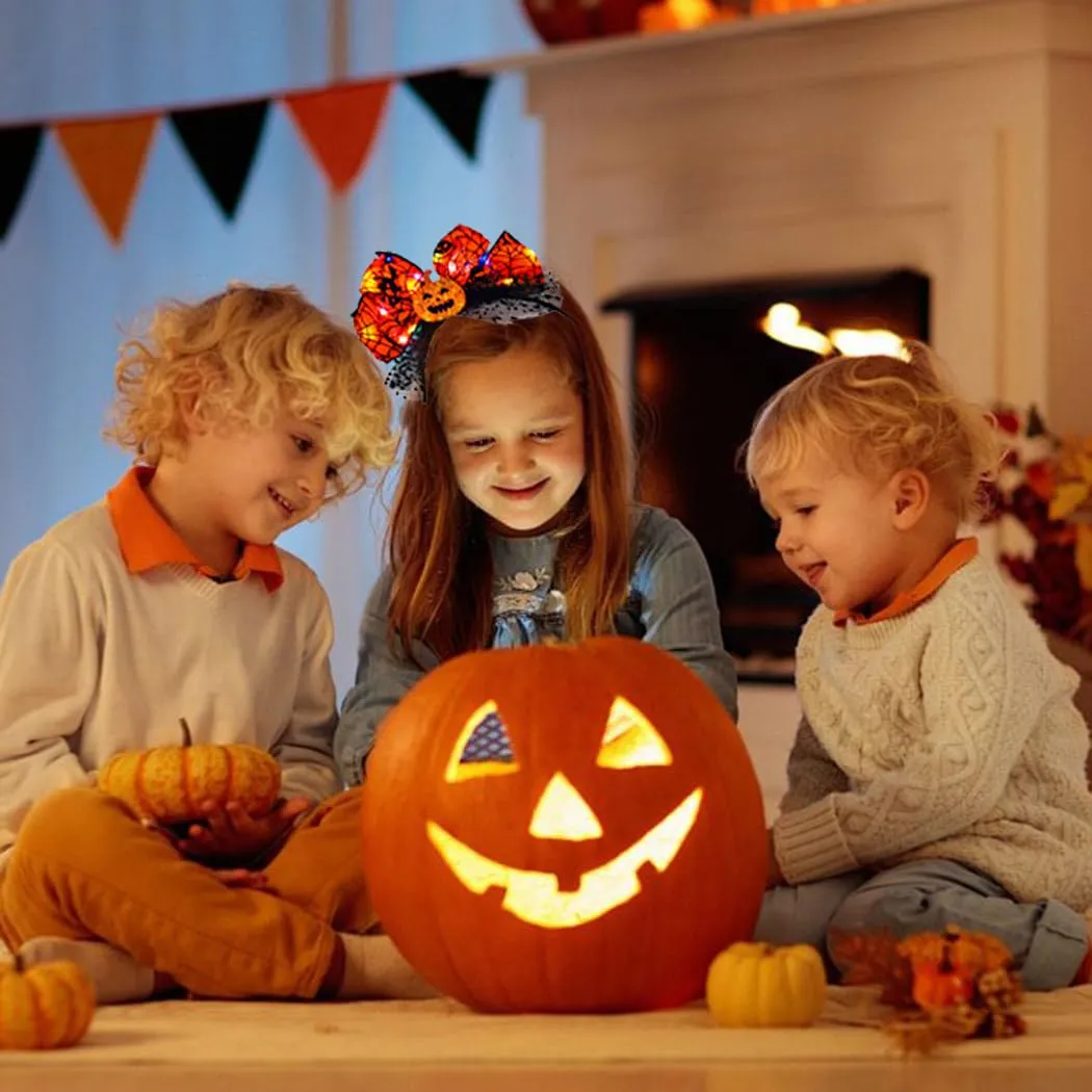 Light up Halloween Headband Orange Pumpkin Headbands Spider Silk Polka Dot Mesh Hairband for Women(A-Orange)