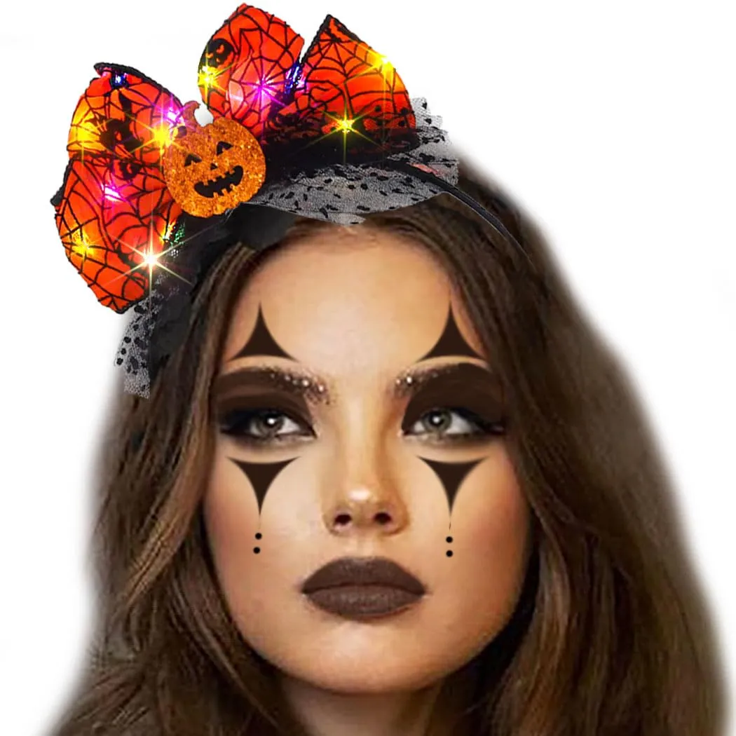 Light up Halloween Headband Orange Pumpkin Headbands Spider Silk Polka Dot Mesh Hairband for Women(A-Orange)