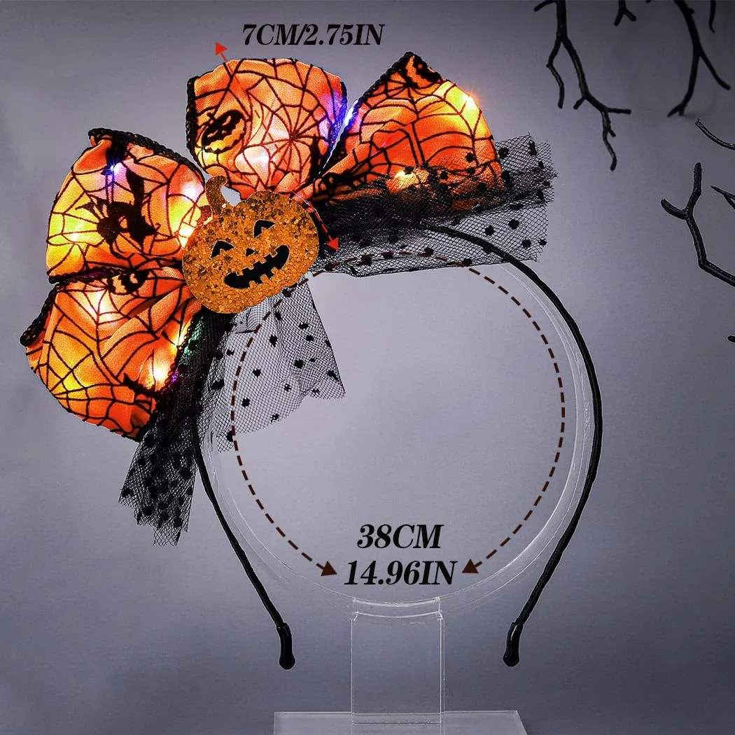 Light up Halloween Headband Orange Pumpkin Headbands Spider Silk Polka Dot Mesh Hairband for Women(A-Orange)