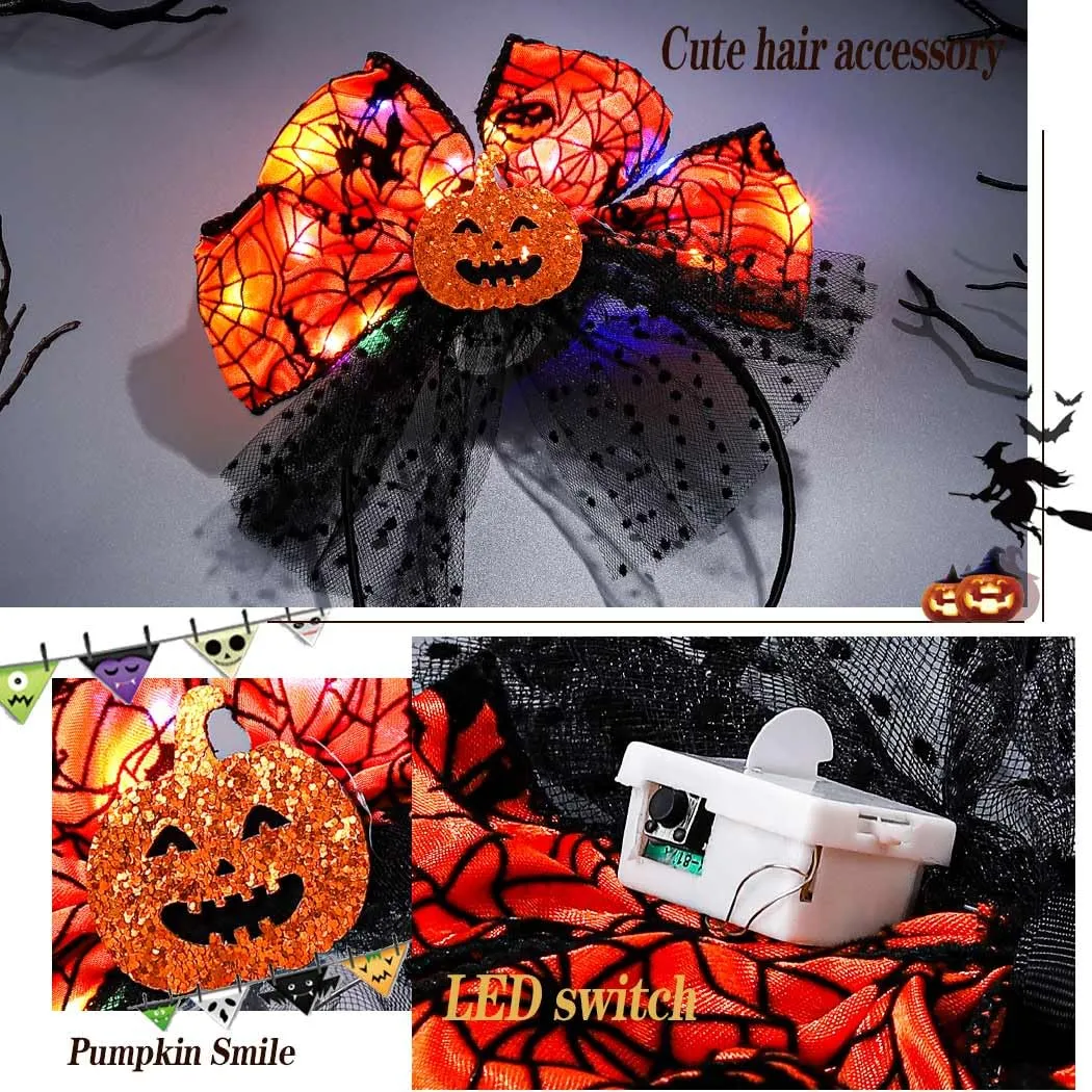 Light up Halloween Headband Orange Pumpkin Headbands Spider Silk Polka Dot Mesh Hairband for Women(A-Orange)