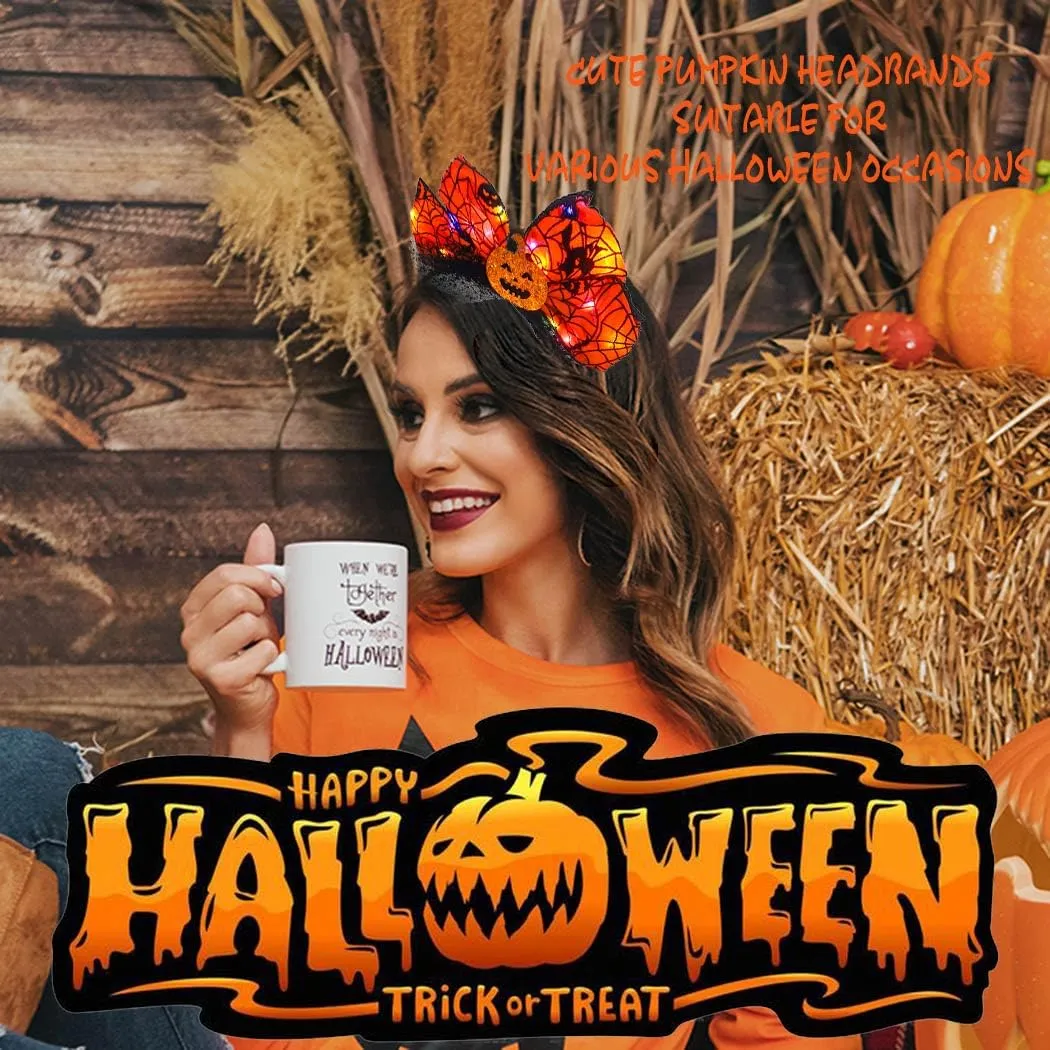 Light up Halloween Headband Orange Pumpkin Headbands Spider Silk Polka Dot Mesh Hairband for Women(A-Orange)