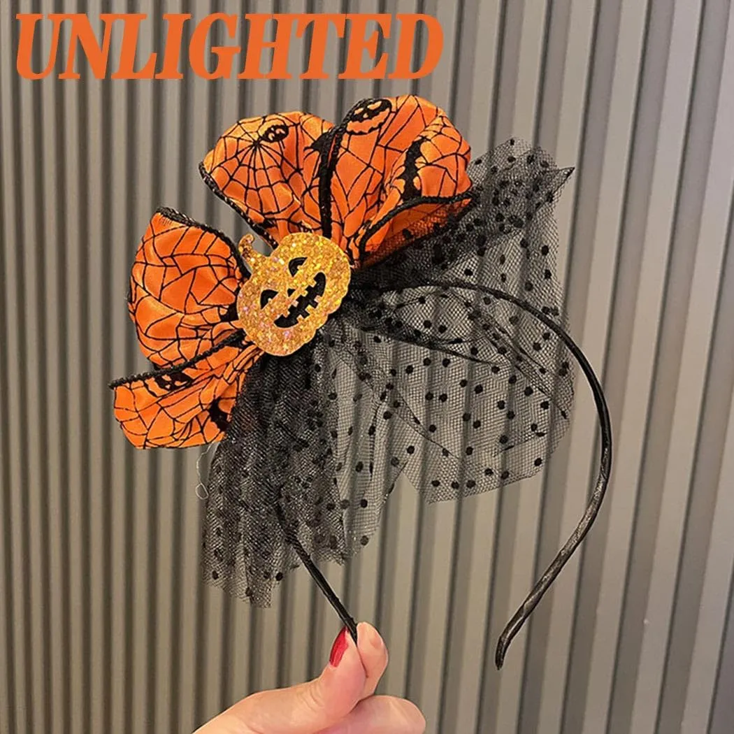 Light up Halloween Headband Orange Pumpkin Headbands Spider Silk Polka Dot Mesh Hairband for Women(A-Orange)