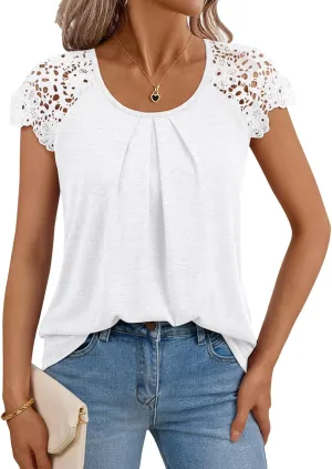LILLUSORY Lace Short Sleeve Shirts Womens Summer Crew Neck Tops Casual Dressy Tshirt Blouses