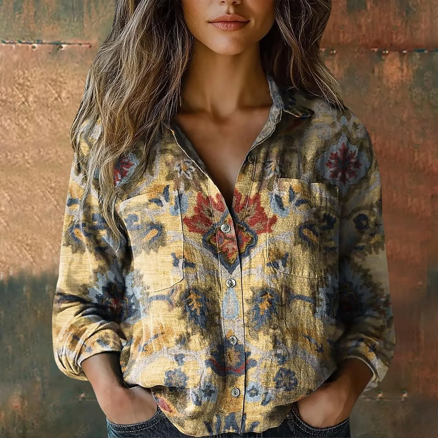 Linen Button Down Shirts for Women Long Sleeve Collared Ethic Floral Print Boho Blouses Retro Gauze Summer Tops