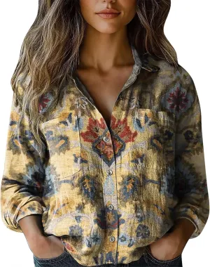 Linen Button Down Shirts for Women Long Sleeve Collared Ethic Floral Print Boho Blouses Retro Gauze Summer Tops