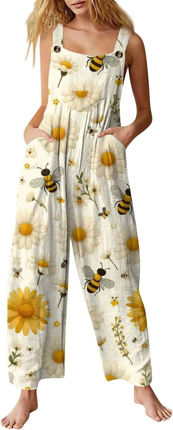 Linen Jumpsuits for Women Adjustable Straps Sleeveless Floral Printed Summer Overalls Linen Rompers with Pockets