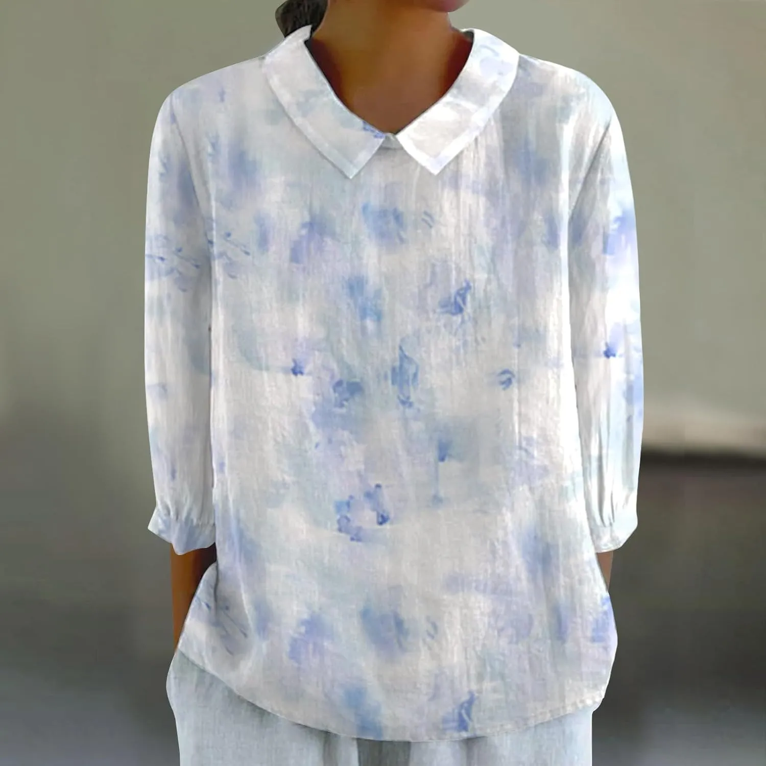 Linen Shirts for Women 3/4 Sleeve Peter Pan Collar Tops Casual Dressy Loose Fit Blouses Cotton Linen Shirts