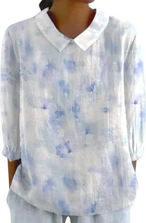 Linen Shirts for Women 3/4 Sleeve Peter Pan Collar Tops Casual Dressy Loose Fit Blouses Cotton Linen Shirts