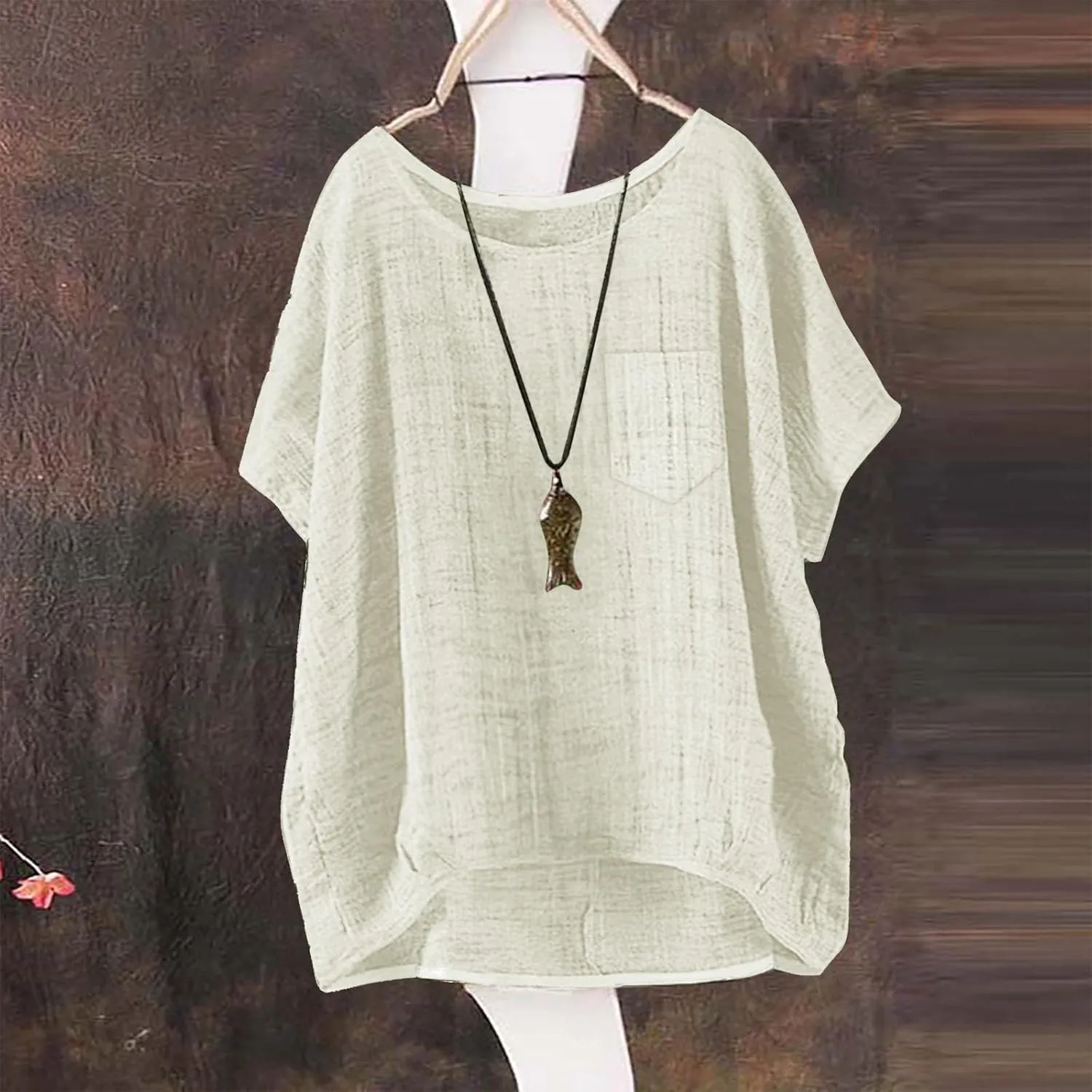 Linen Shirts for Women Summer 2025 Trendy Plus Size Crewneck Short Sleeve Cute Tops Casual Loose Fit Comfy Blouses