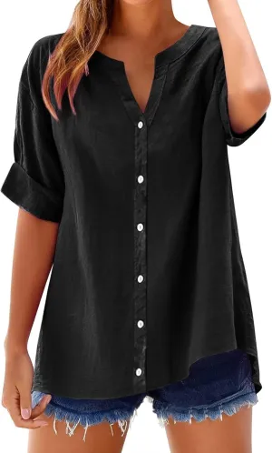 Linen Shirts for Women Summer Button Down Shirts Plus Size Short Sleeve Loose Fit V-Neck Casual Work Blouse Tops