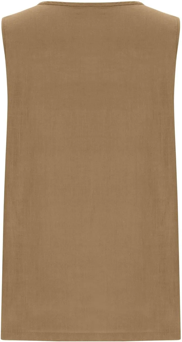 Linen Tank Tops for Women Cotton Gauze Crewneck Pleated Front Sleeveless Plus Size Side Slit Summer Shirts