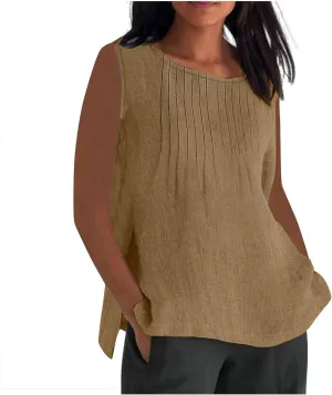 Linen Tank Tops for Women Cotton Gauze Crewneck Pleated Front Sleeveless Plus Size Side Slit Summer Shirts