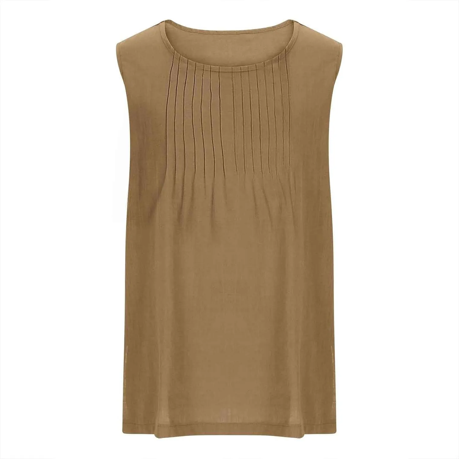 Linen Tank Tops for Women Cotton Gauze Crewneck Pleated Front Sleeveless Plus Size Side Slit Summer Shirts