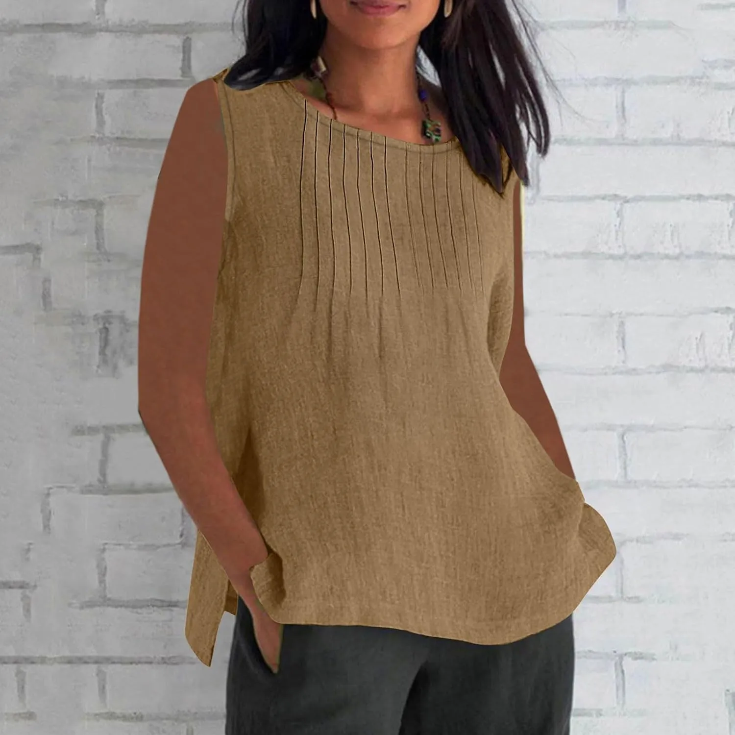 Linen Tank Tops for Women Cotton Gauze Crewneck Pleated Front Sleeveless Plus Size Side Slit Summer Shirts