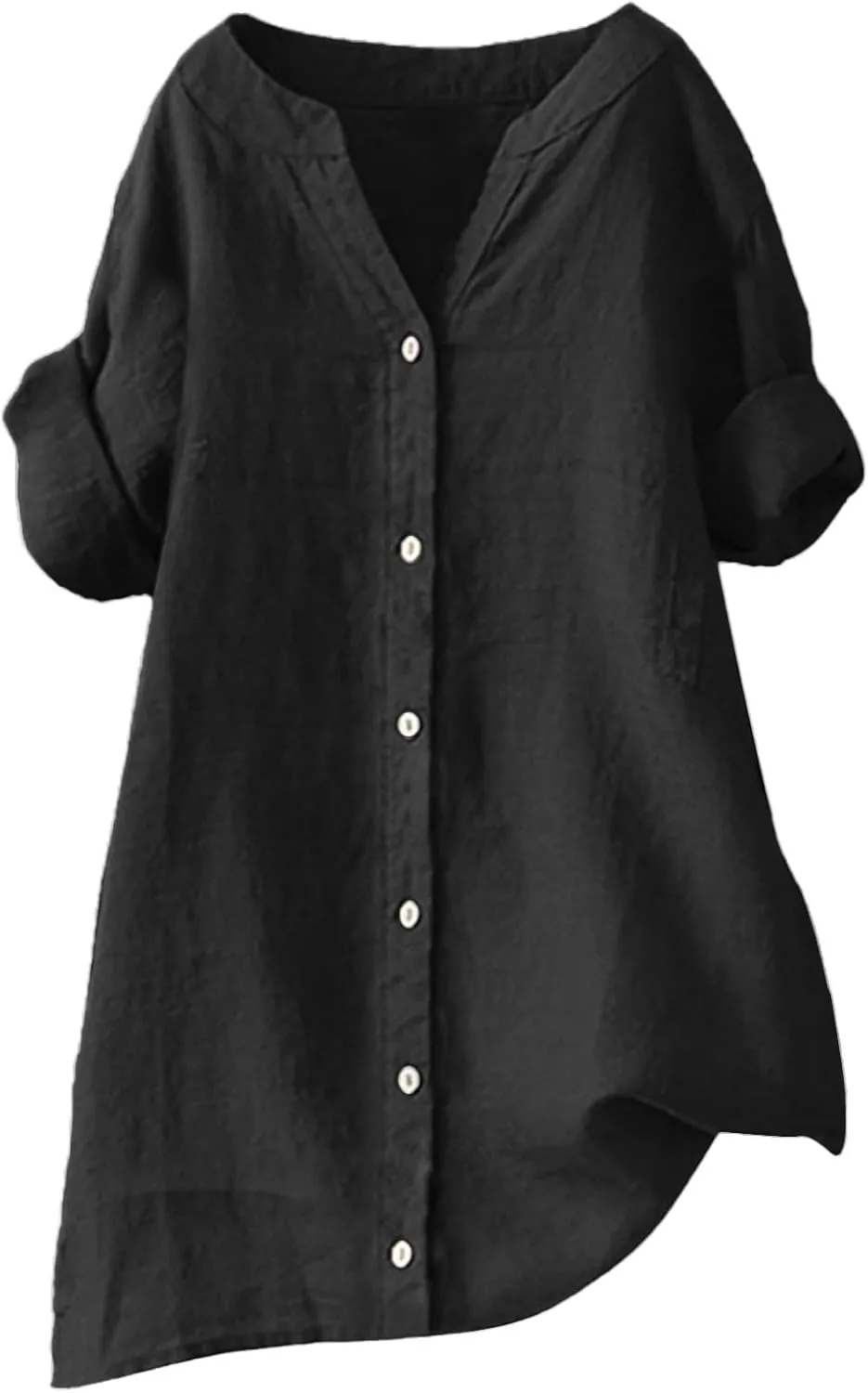 Linen Tops for Women Trendy Buttons Shirts Solid Color Stand Shirts 3/4 Sleeve T-Shirt Loose Fit Plus Size Blouses