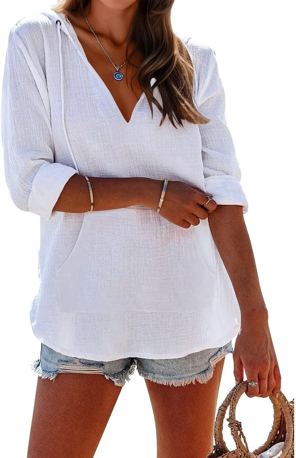 Long Sleeve Shirts for Women Casual V Neck Linen T Shirts Lightweight Pullover Tops Hoodie Sweatshirts Beach Cover Up