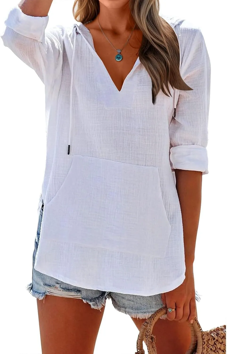 Long Sleeve Shirts for Women Casual V Neck Linen T Shirts Lightweight Pullover Tops Hoodie Sweatshirts Beach Cover Up