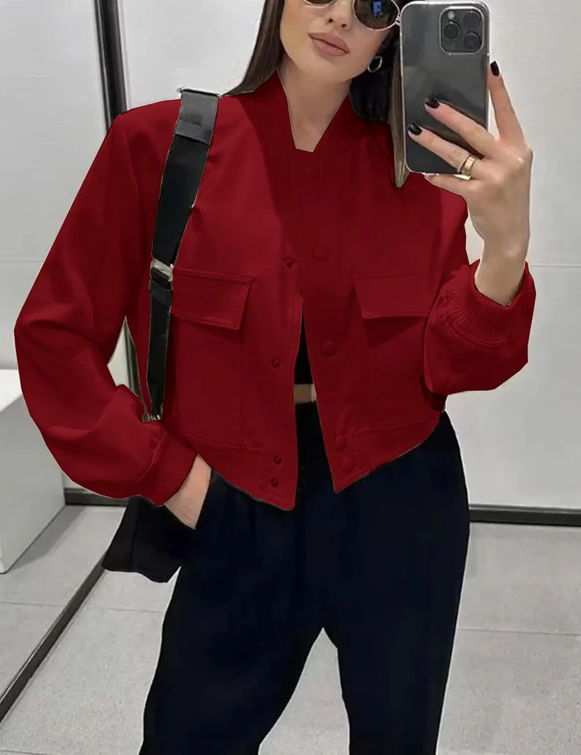 Lumister Women's Fashion Cropped Button Down Lightweight Cropped Bomber Jacket Varsity Shacket with Side Pockets