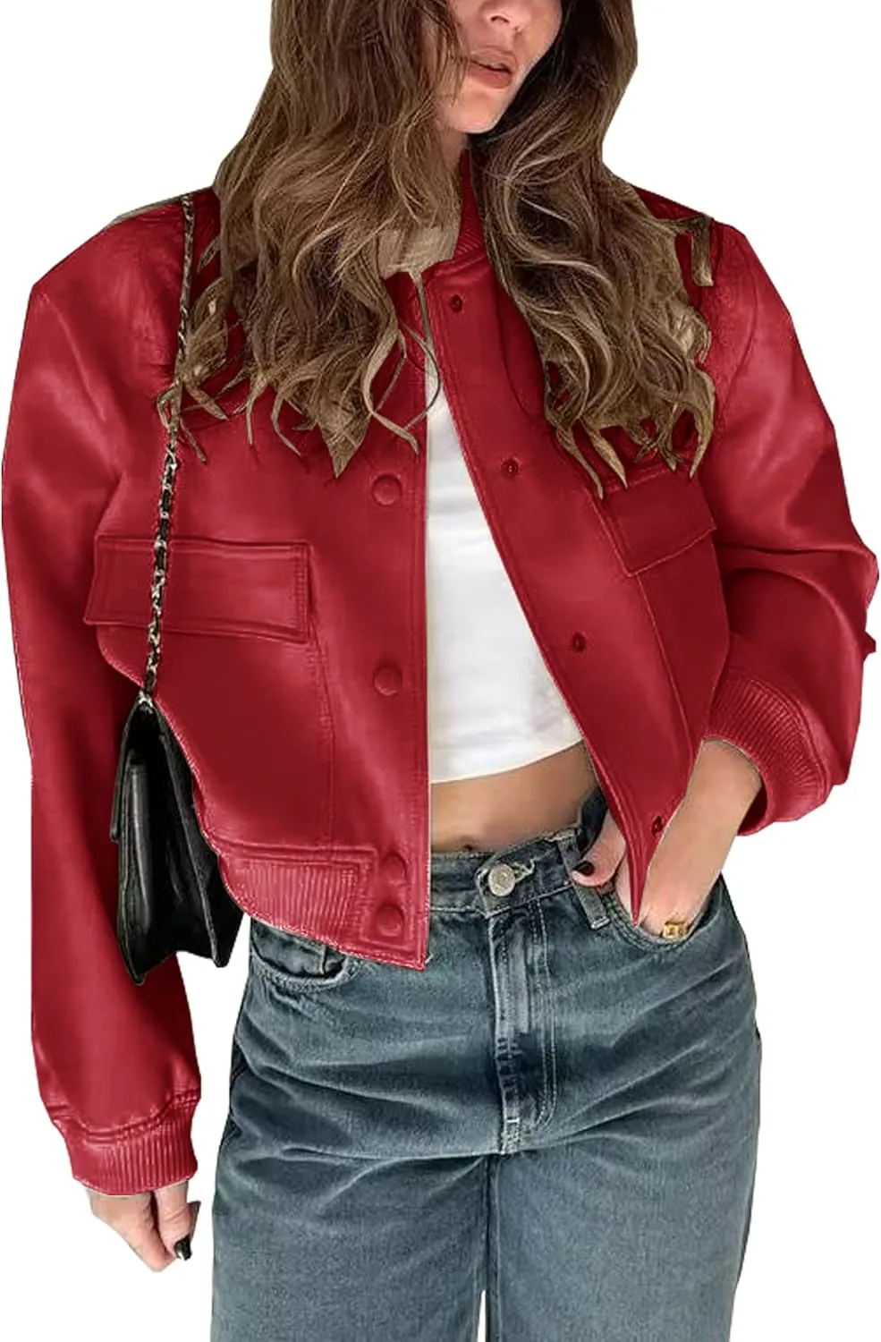 Lumister Women's Fashion Cropped Button Down Lightweight Cropped Bomber Jacket Varsity Shacket with Side Pockets
