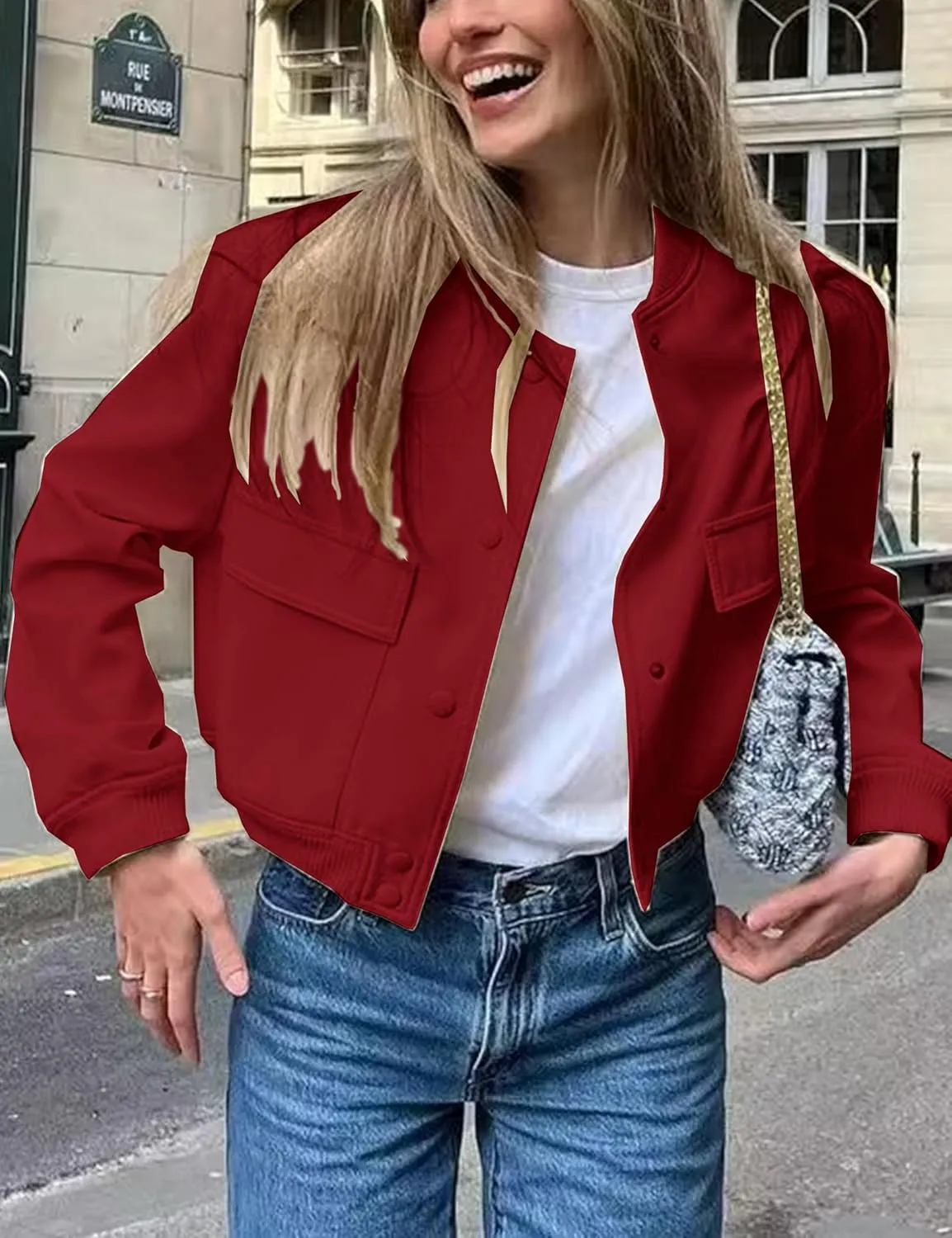 Lumister Women's Fashion Cropped Button Down Lightweight Cropped Bomber Jacket Varsity Shacket with Side Pockets
